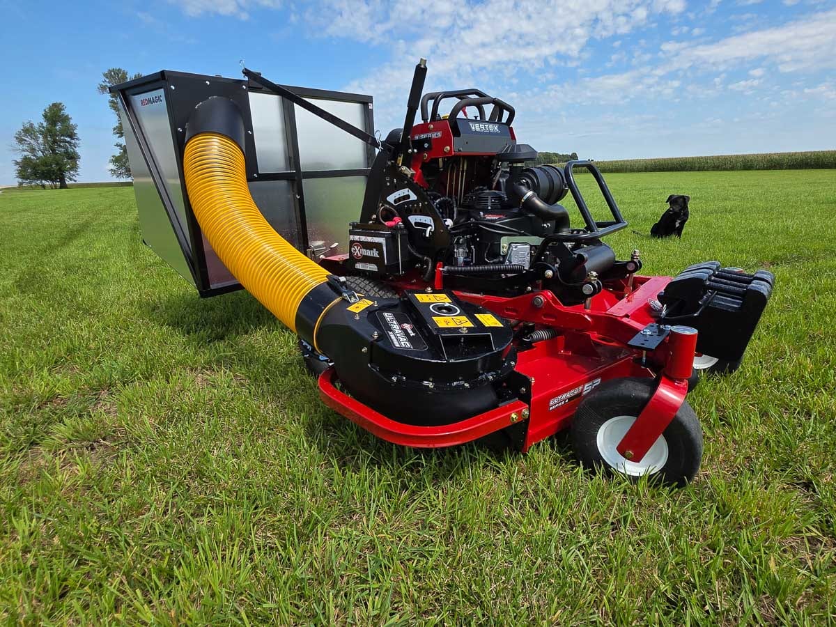 MAXfill commercial mower collection system installed on a stand-on mower